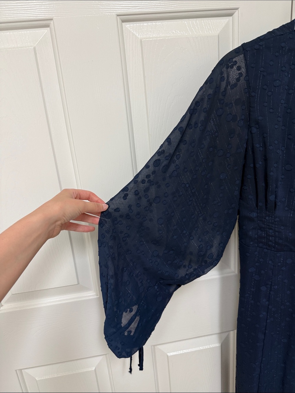 Anthropologie Name brand V-Neck Navy Maxi Dress with Sheer Dot Sleeve - Picture 5 of 8